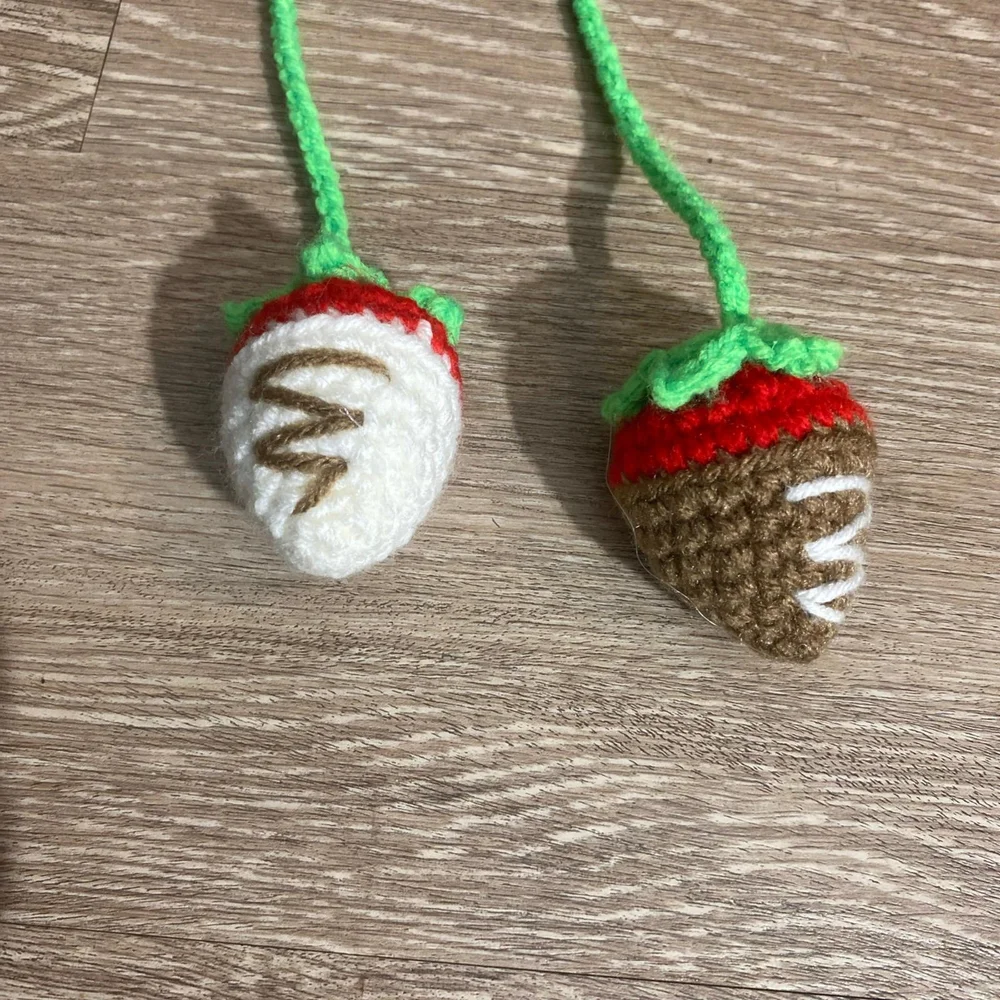 Charming Crochet Strawberry Car Decore - Red, White, and Brown